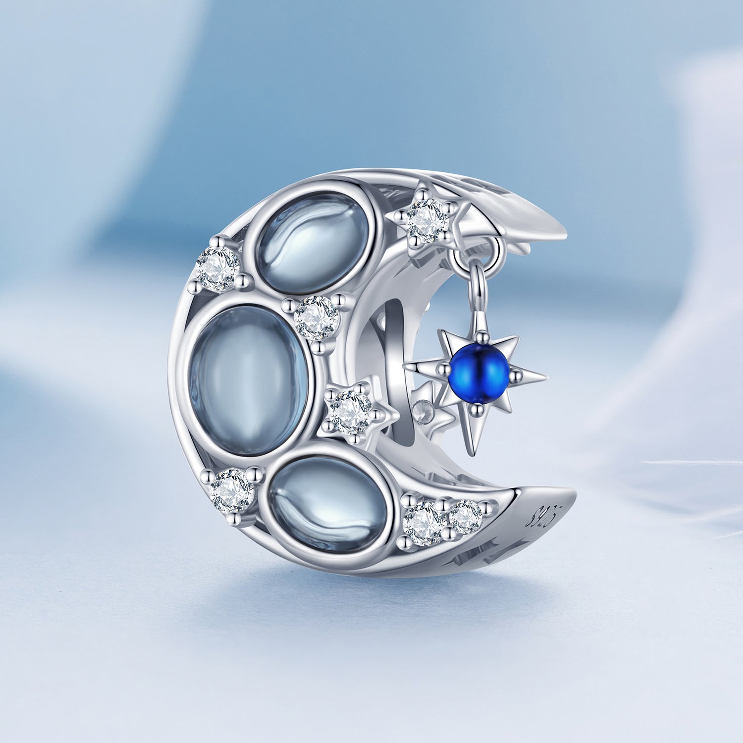 Silver Charm Blue Moon with Shinning Stars CZ Charm