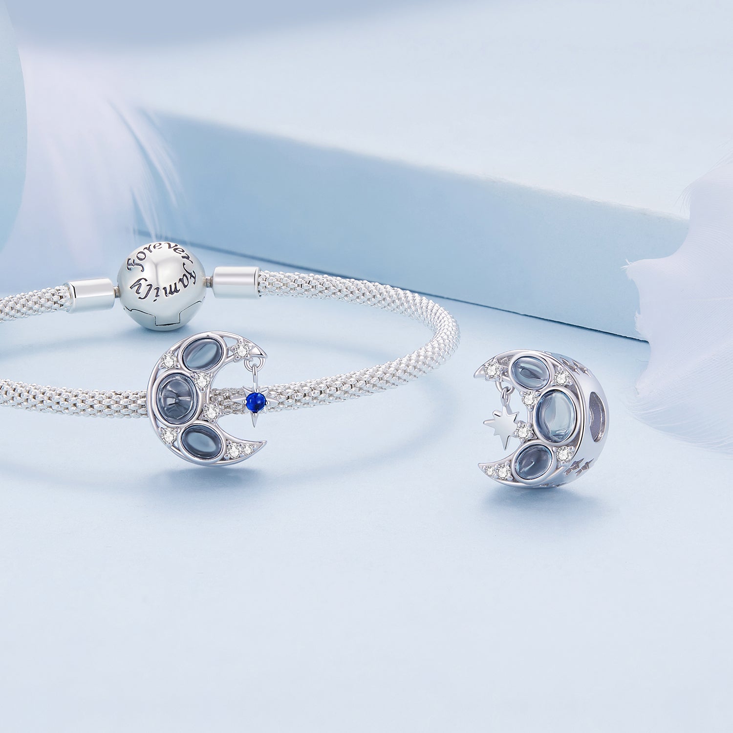 Silver Charm Blue Moon with Shinning Stars CZ Charm