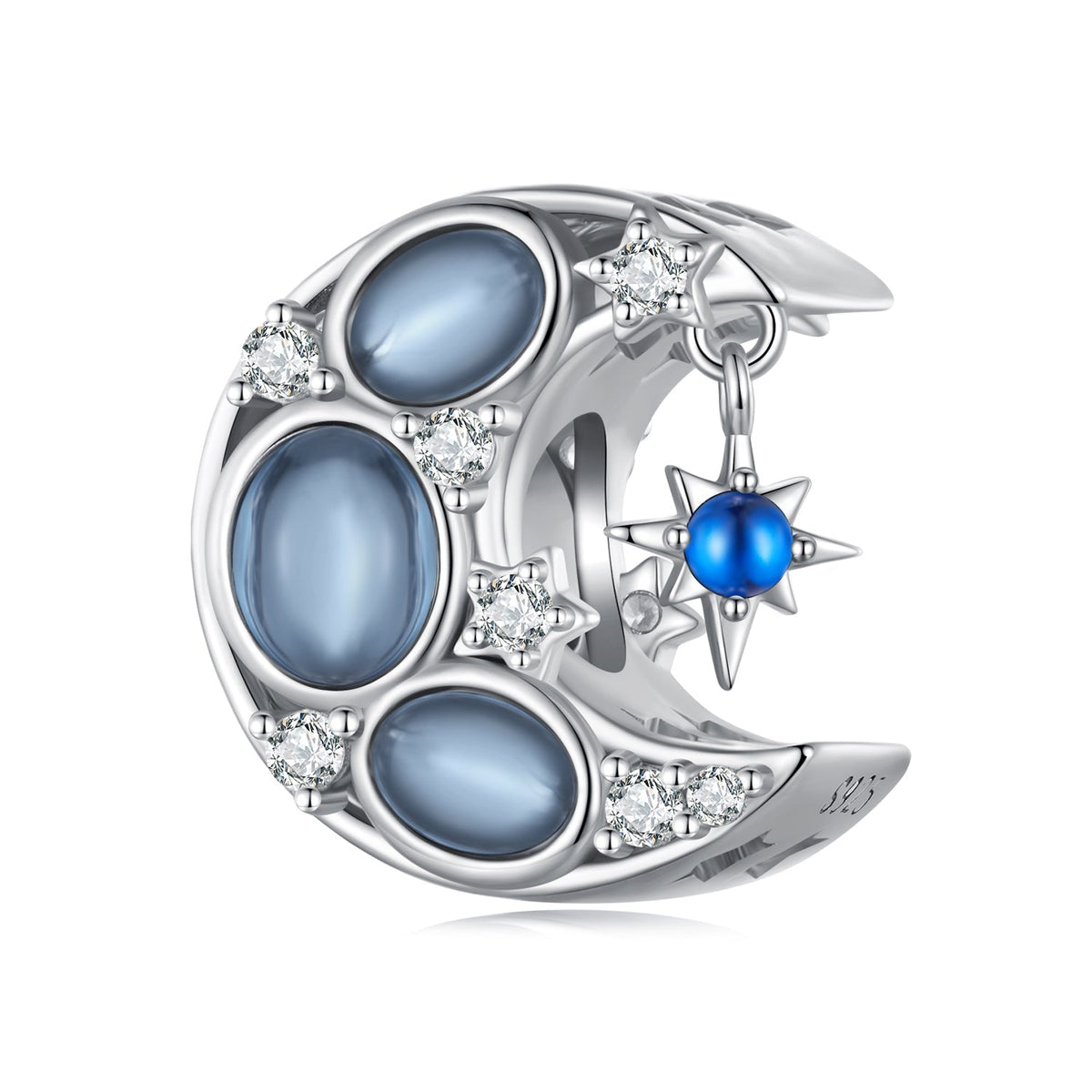 Silver Charm Blue Moon with Shinning Stars CZ Charm