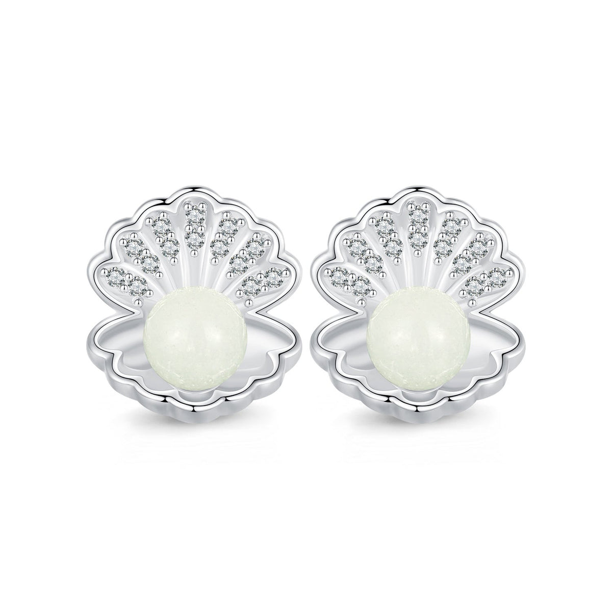 Silver Earrings Luminous Night Pearl Shell CZ Stud Earrings