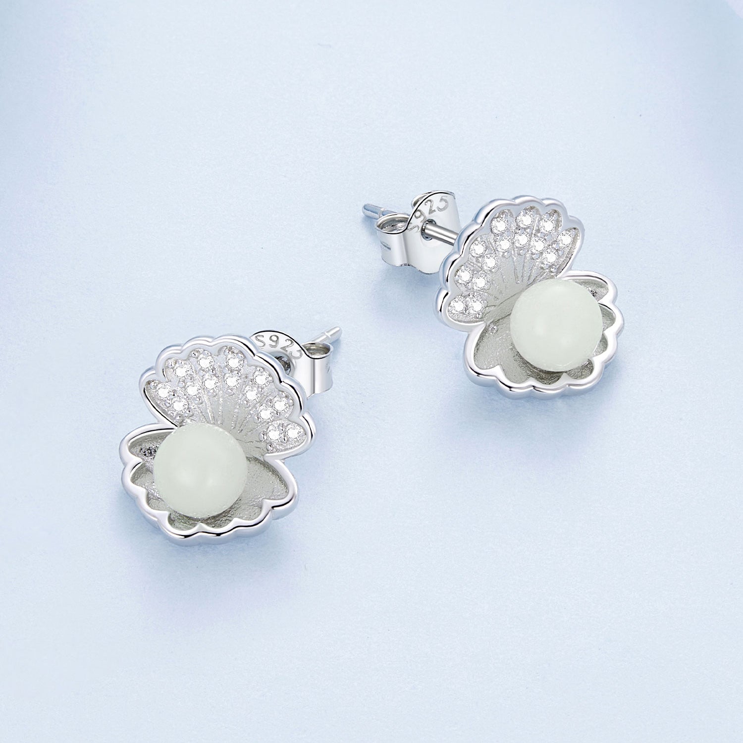 Silver Earrings Luminous Night Pearl Shell CZ Stud Earrings