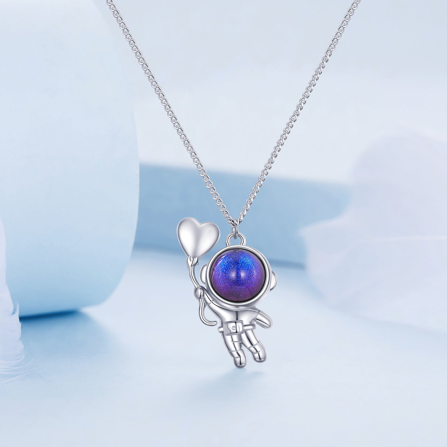 Silver Necklace Balloon of Love Astronaut Pendant Necklace with Lobster Clasp