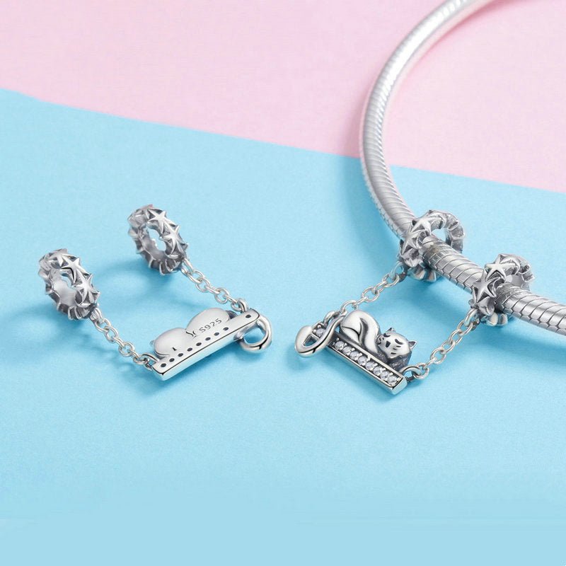 Silver Pendant Adorable Cat Star Pave CZ Dangle Charm
