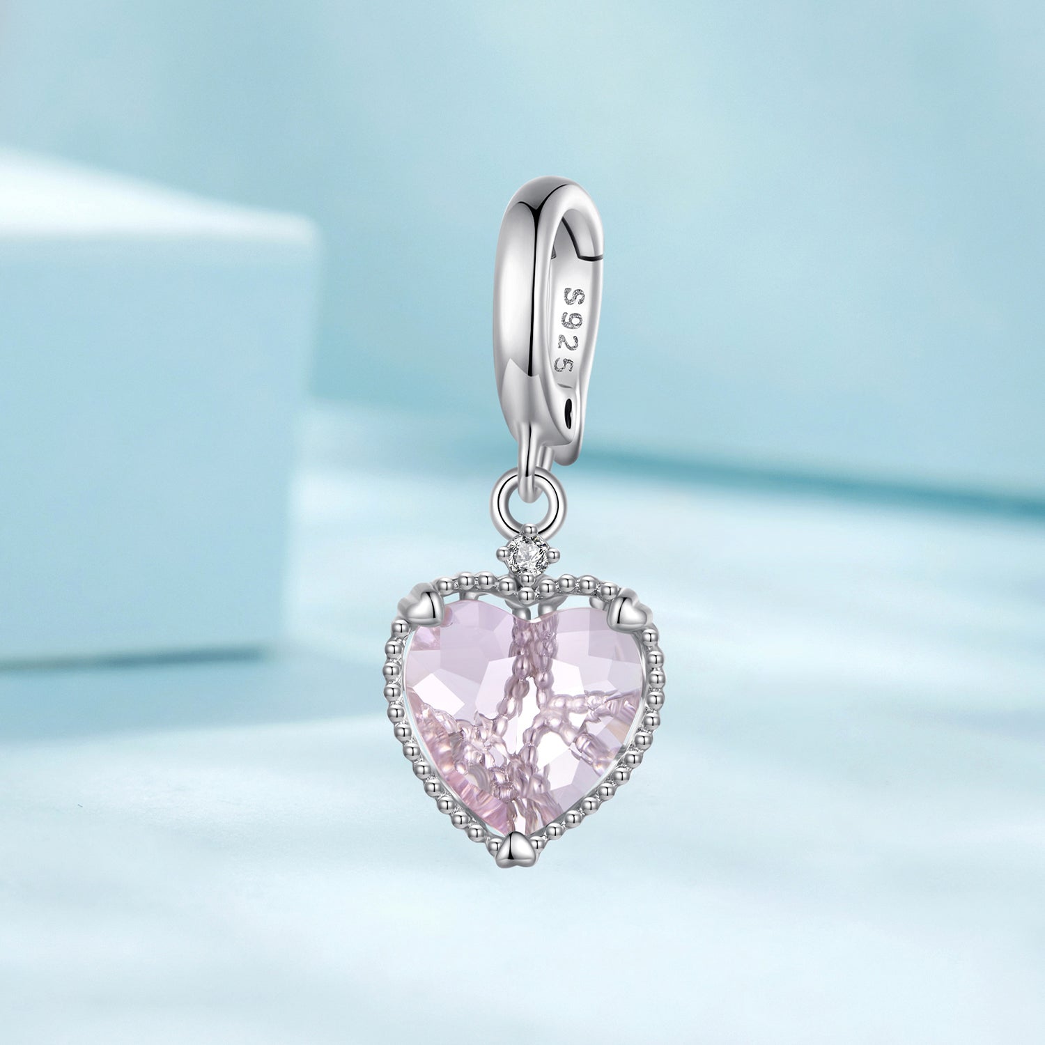 Silver Pendant Baby Pink Heart Glass Dangle Charm