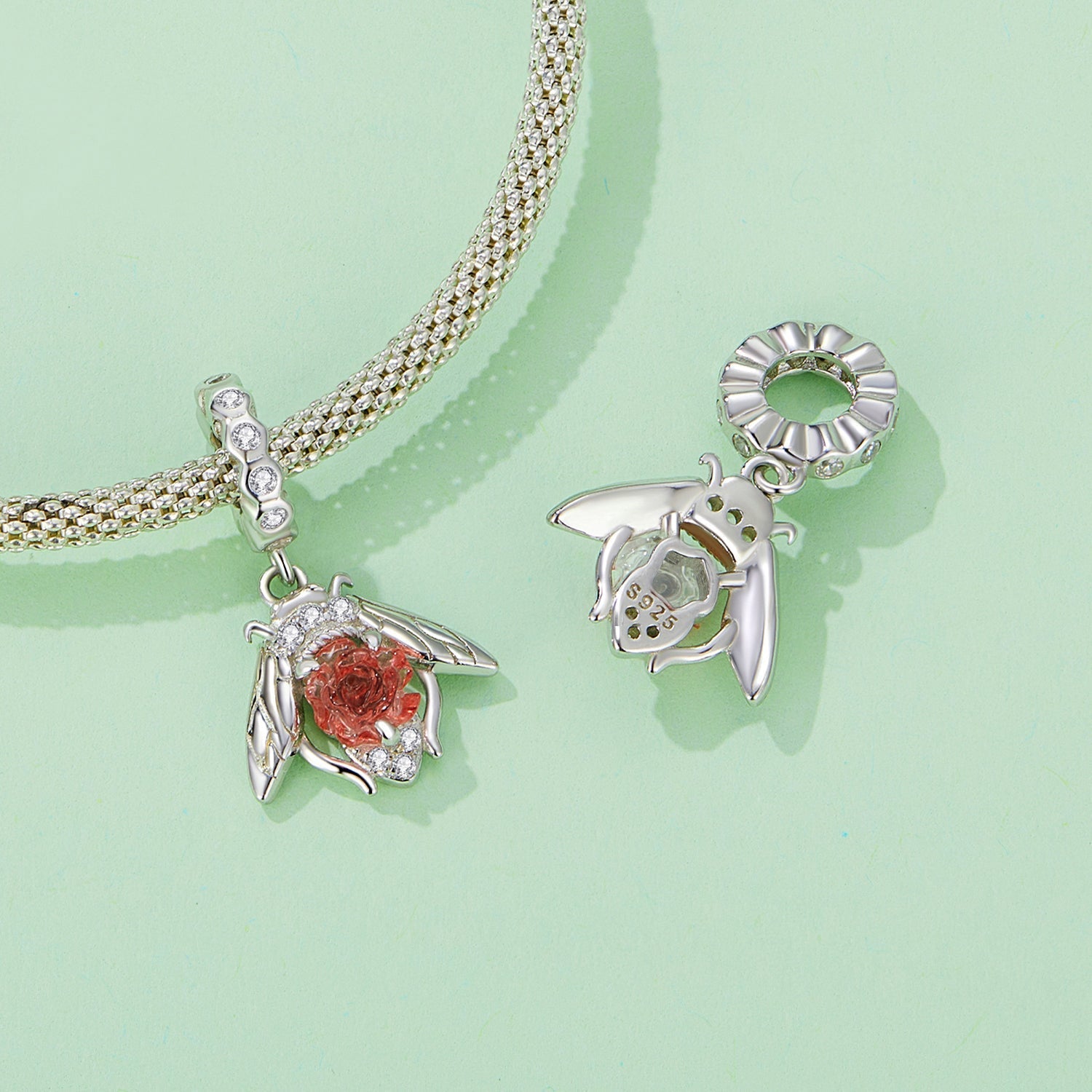 Silver Pendant Light Sense Bee Rose CZ Dangle Charm