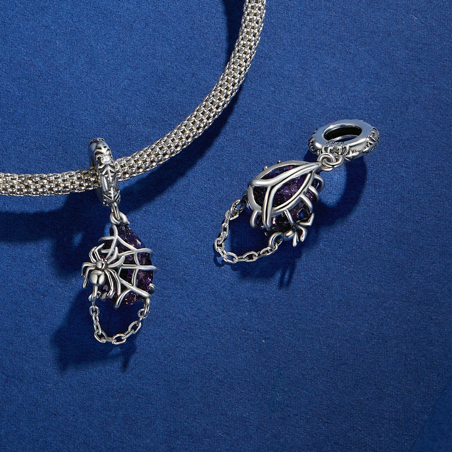 Silver Pendant Spider Purple Glass CZ Dangle Charm