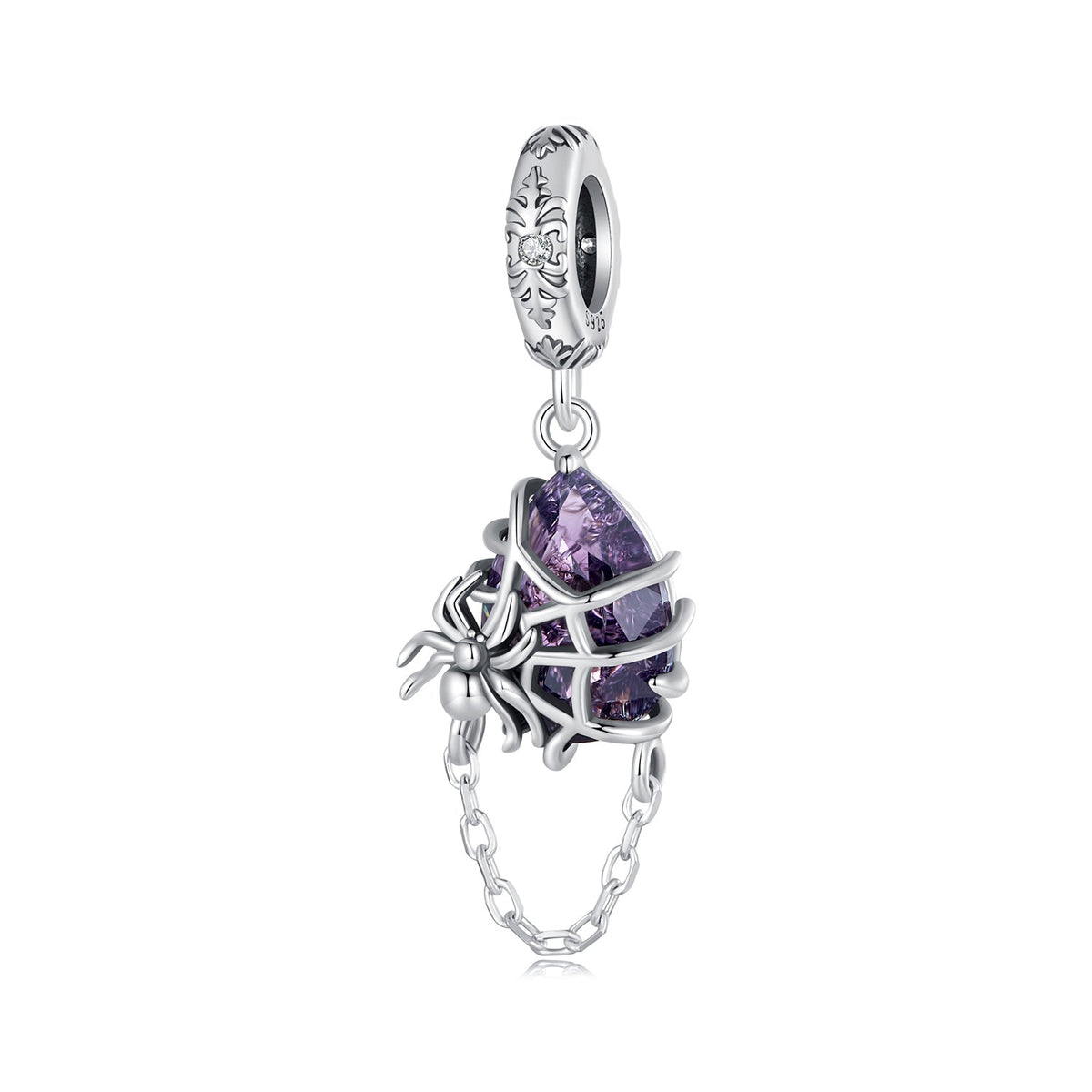 Silver Pendant Spider Purple Glass CZ Dangle Charm