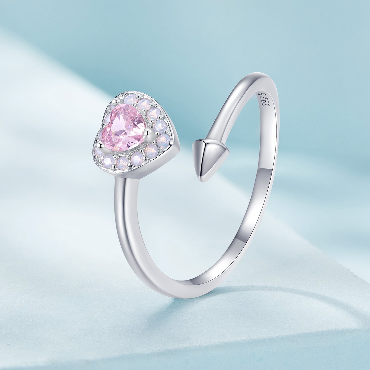 Silver Ring Arrow Through Heart CZ Open Ring