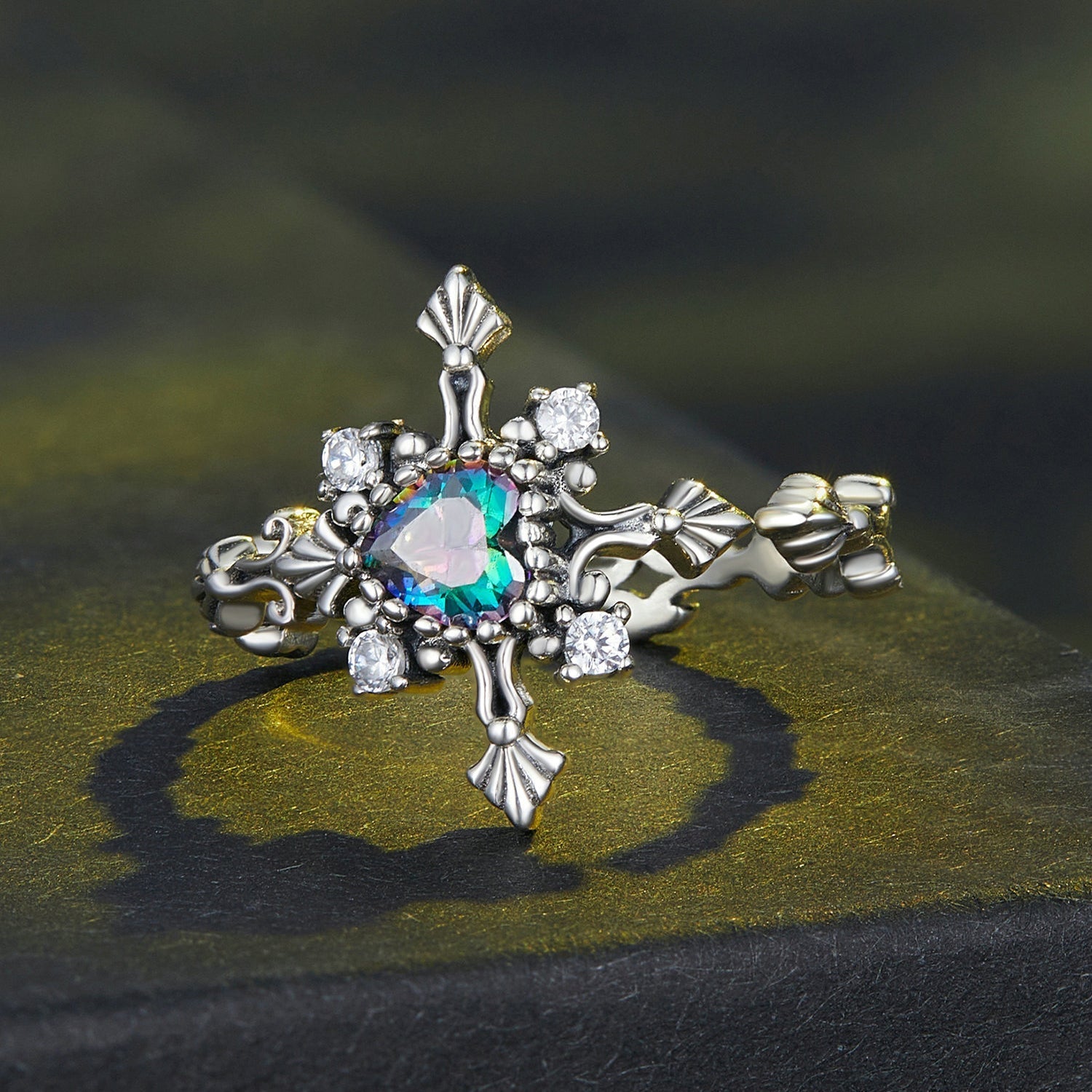 Silver Ring Heart Cross CZ Open Ring