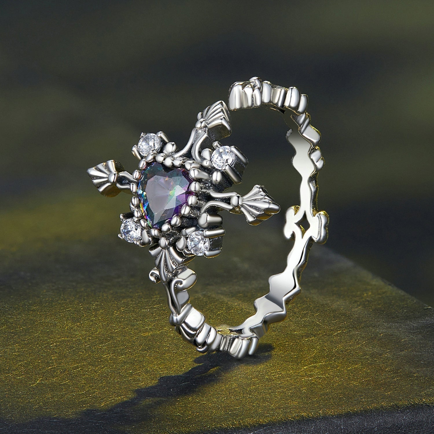 Silver Ring Heart Cross CZ Open Ring