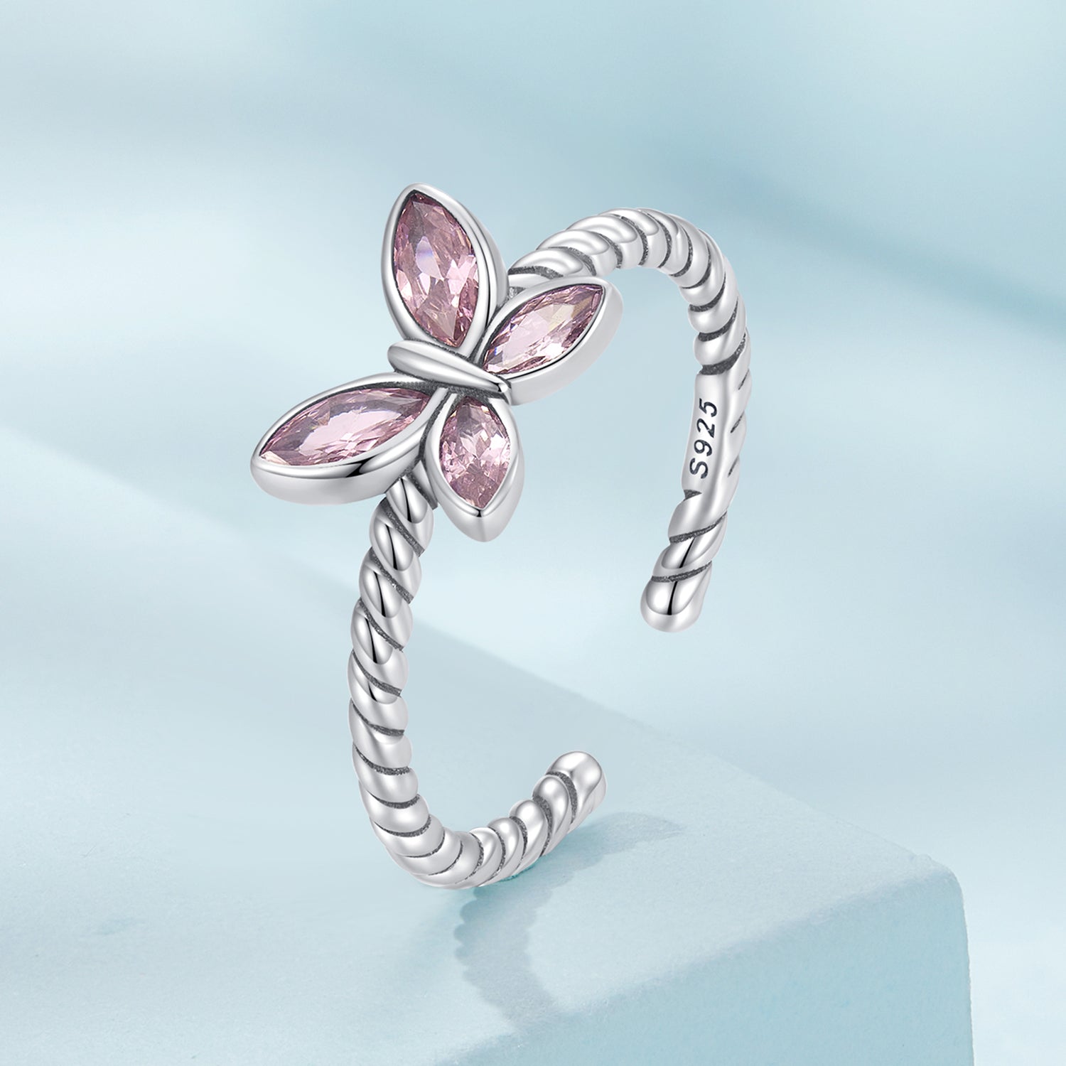Silver Ring Pink Butterfly Twist CZ Open Ring