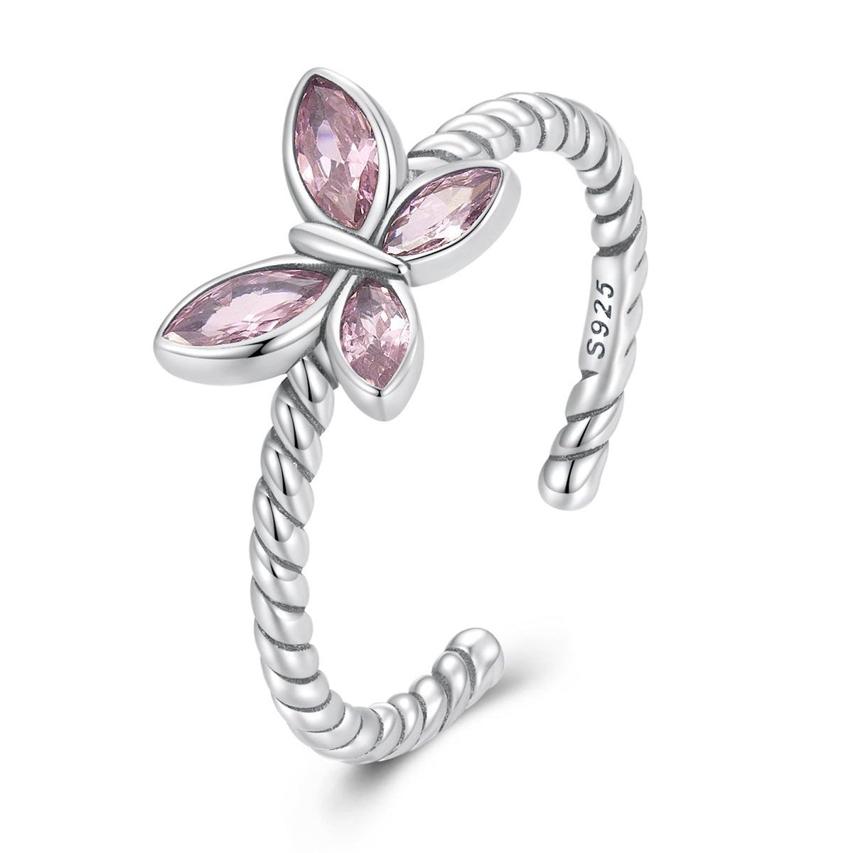 Silver Ring Pink Butterfly Twist CZ Open Ring