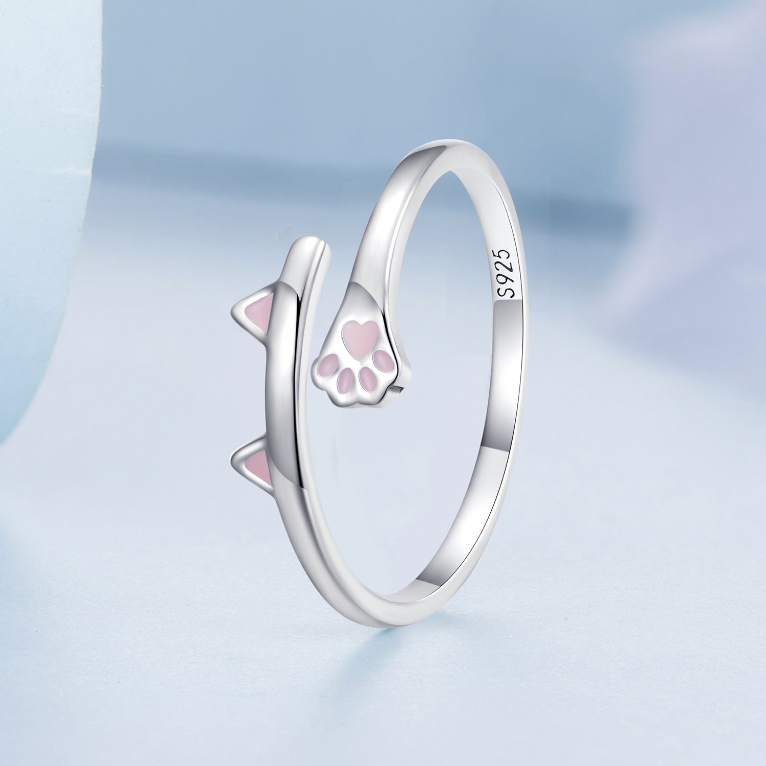 Silver Ring Pink Cat Paw Ears Open Ring