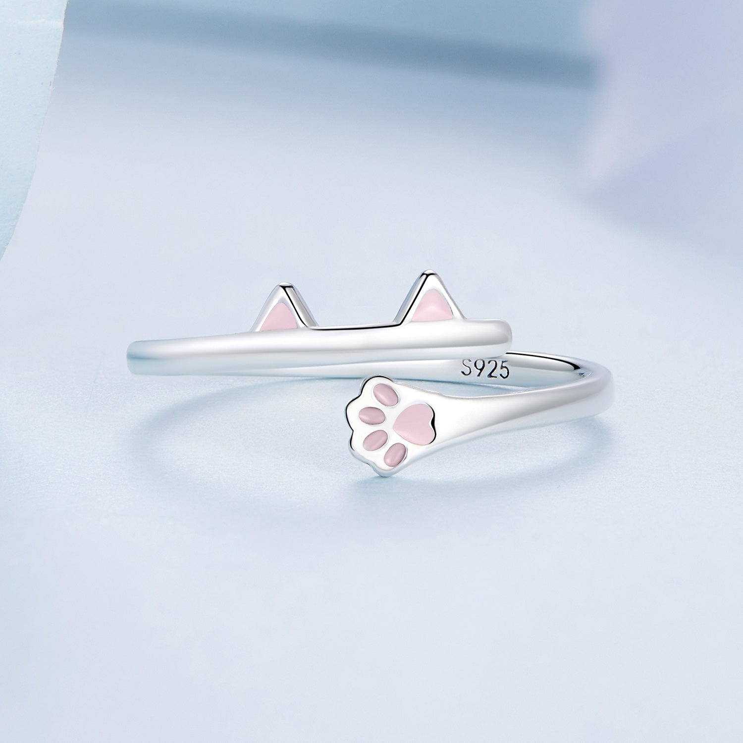 Silver Ring Pink Cat Paw Ears Open Ring