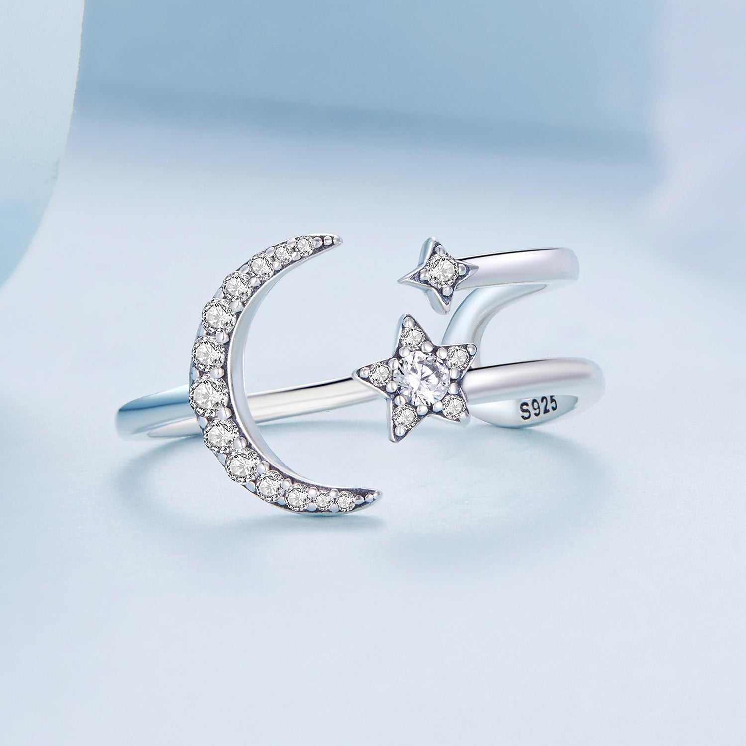 Silver Ring Shining Stars And Moons CZ Open Ring