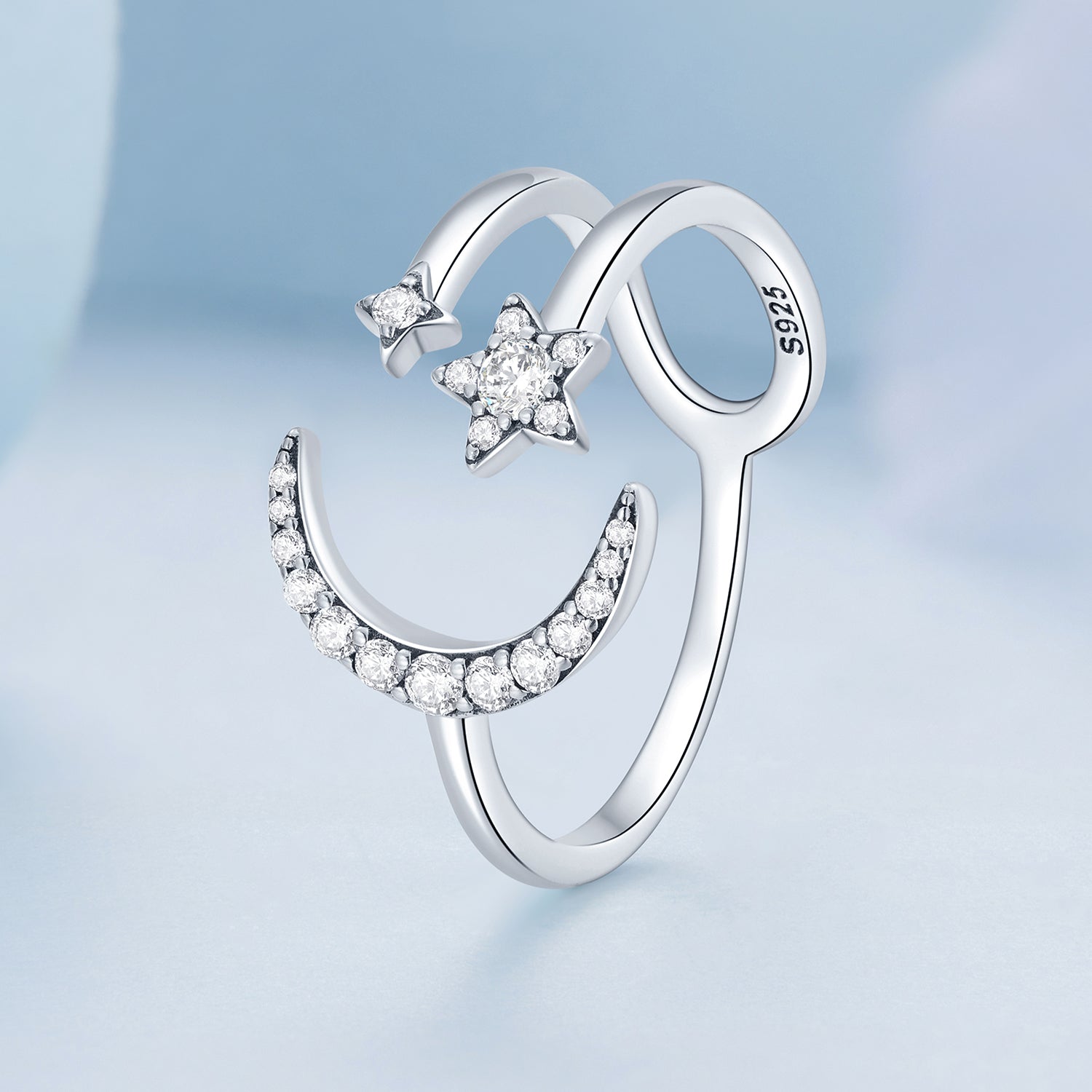 Silver Ring Shining Stars And Moons CZ Open Ring