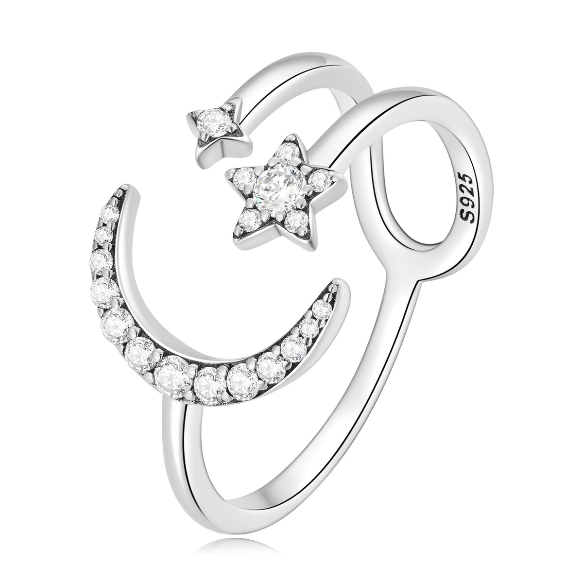 Silver Ring Shining Stars And Moons CZ Open Ring