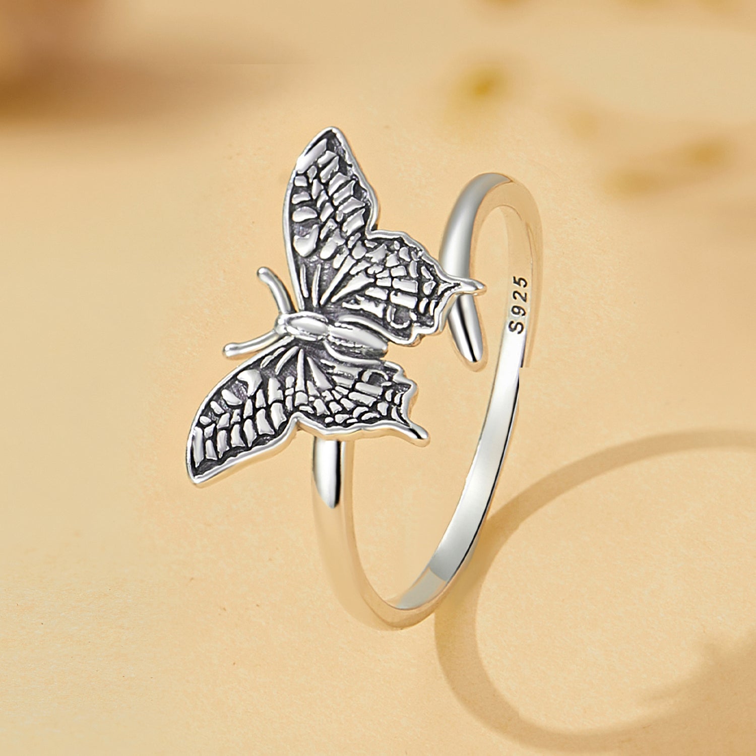 Silver Ring Vivid Black Butterfly Open Ring
