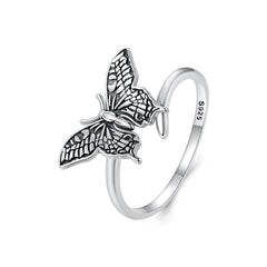 Silver Ring Vivid Black Butterfly Open Ring