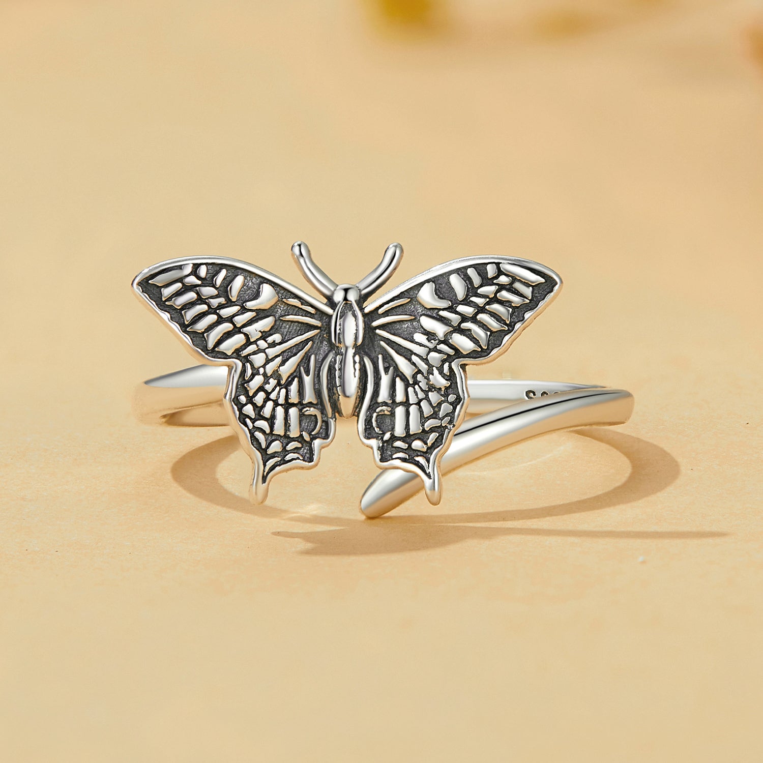 Silver Ring Vivid Black Butterfly Open Ring